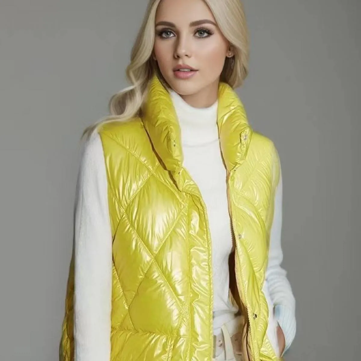 2023 Autunno Donna Gilet in tessuto lucido Giacca senza maniche Cerniera Gilet imbottito caldo spesso Cappotto Tasche femminili