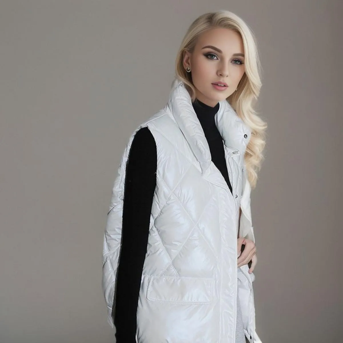 2023 Autunno Donna Gilet in tessuto lucido Giacca senza maniche Cerniera Gilet imbottito caldo spesso Cappotto Tasche femminili