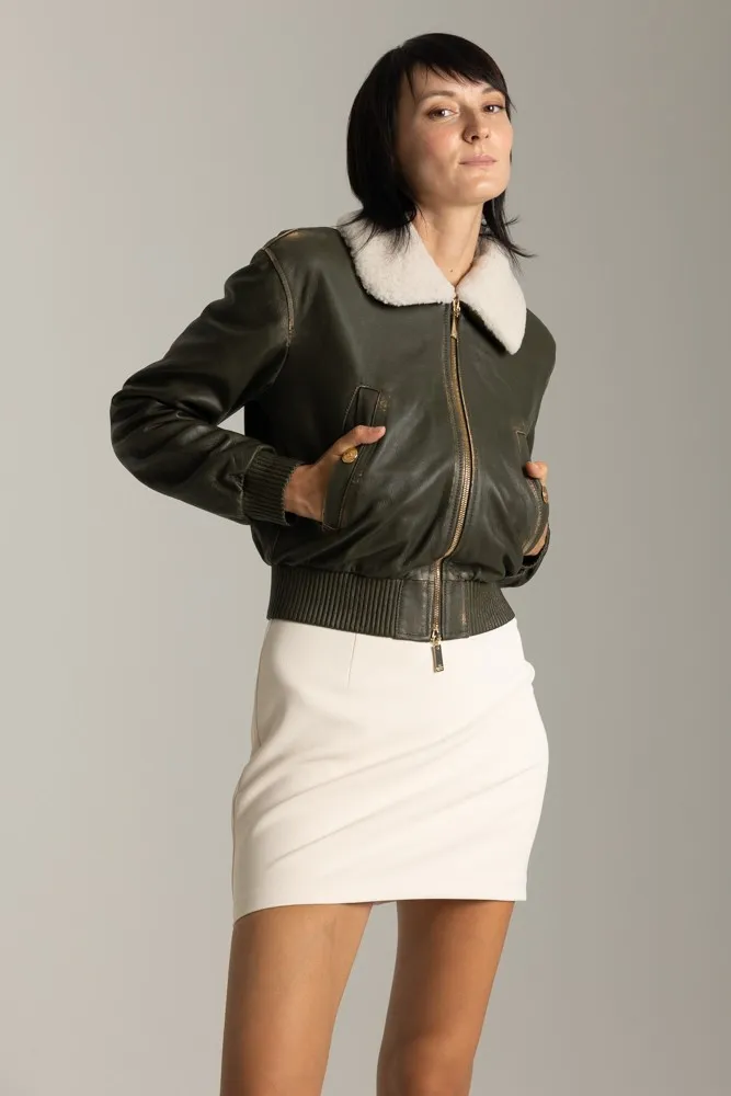 Bomber in pelle con collo in montone ARMY