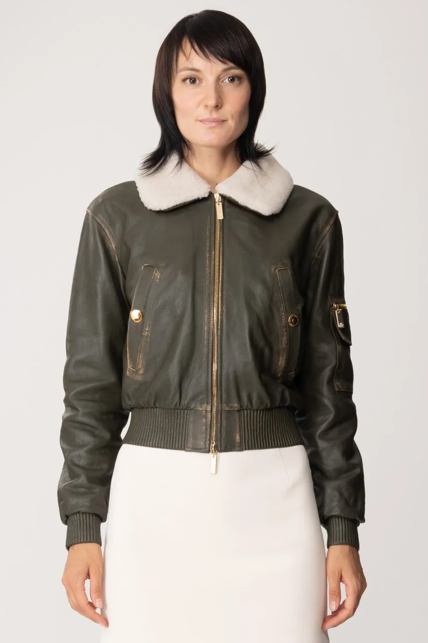Bomber in pelle con collo in montone ARMY