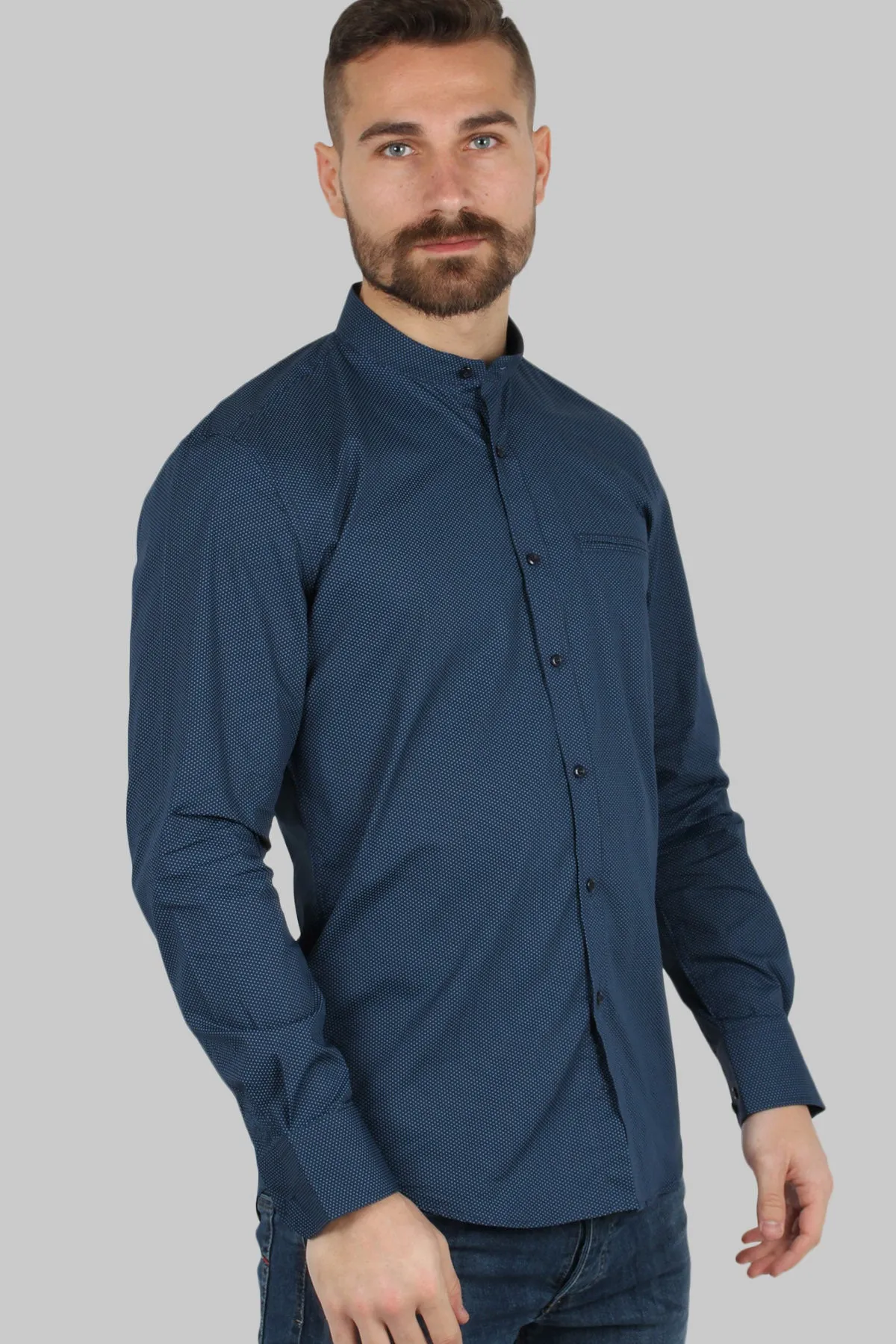 Camicia coreana uomo con microfantasia a contrasto