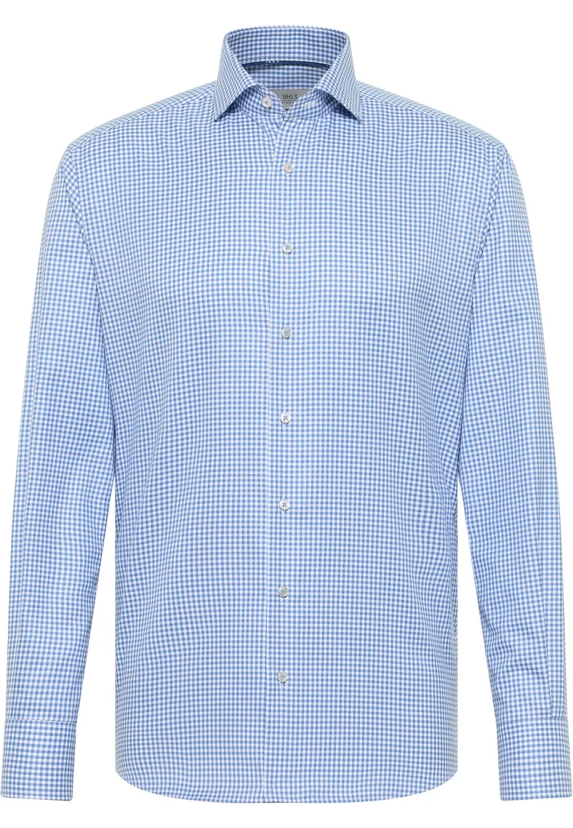 Camicia eterna a quadretti celeste modern fit in cotone twill no stiro