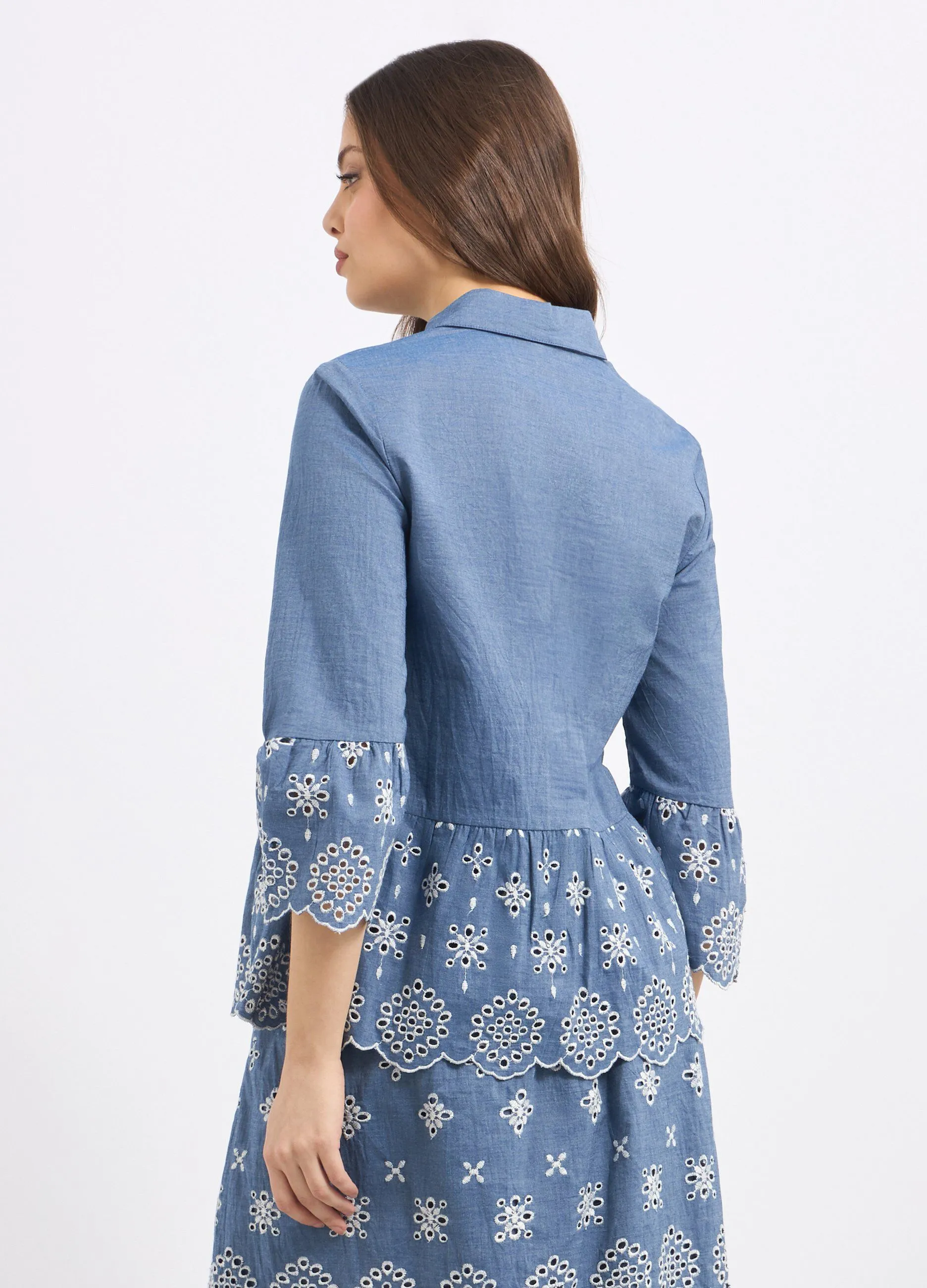 Camicia in chambray di puro cotone con ricami donna
