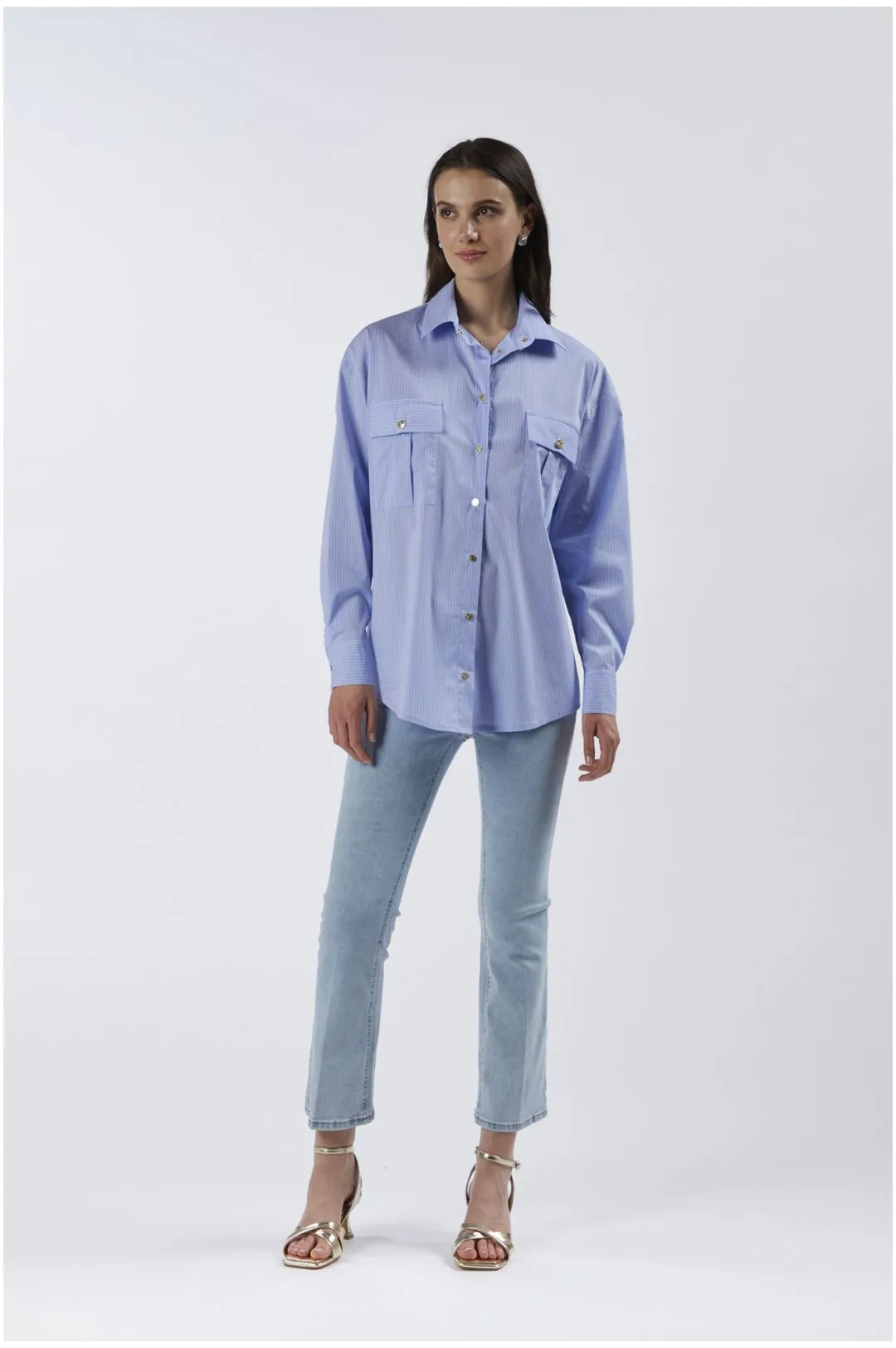 camicia over in tessuto rigato con tasche a toppa multiriga