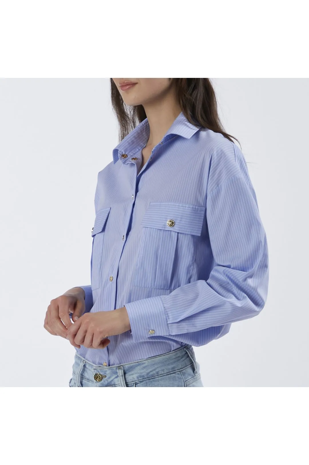 camicia over in tessuto rigato con tasche a toppa multiriga