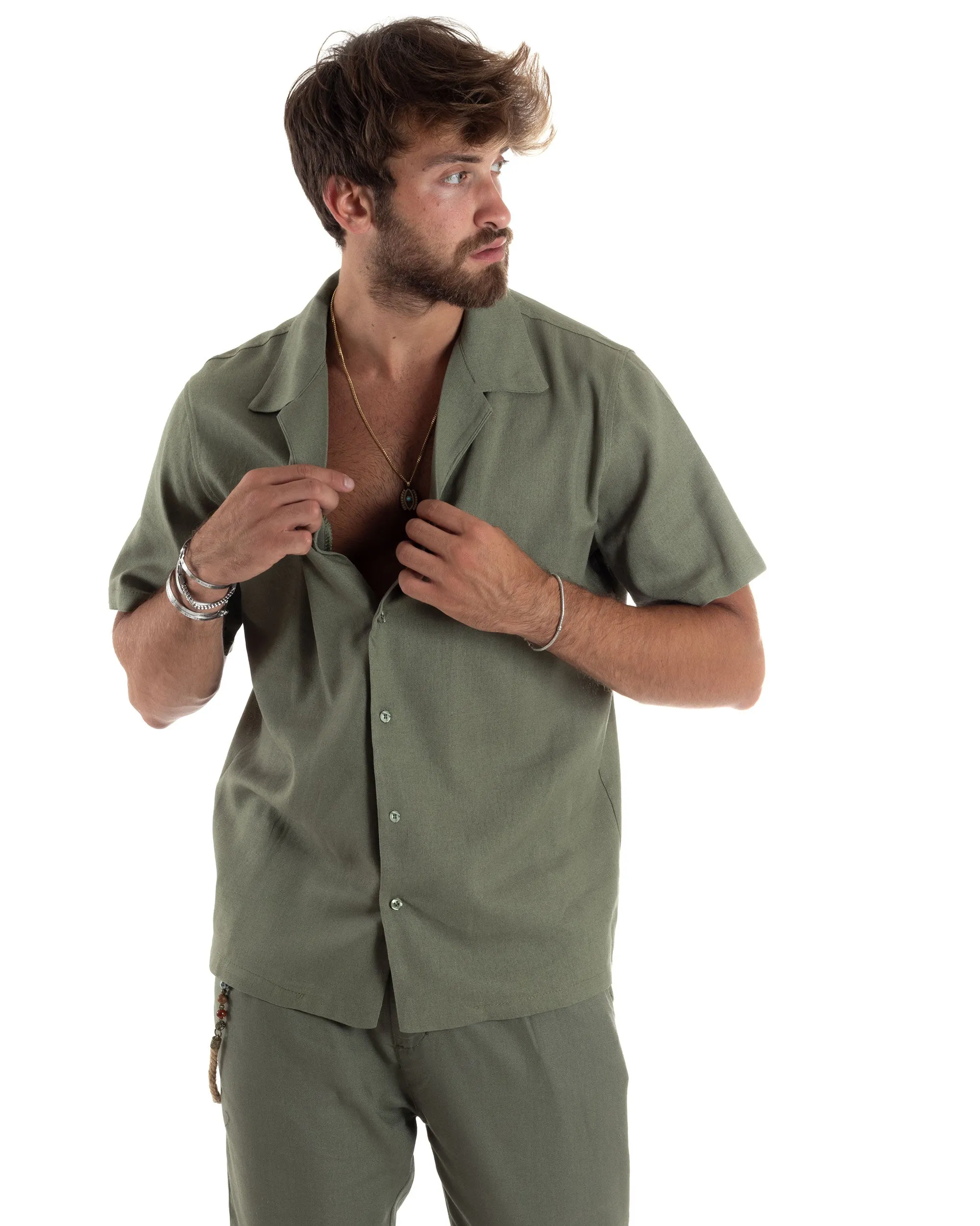 Camicia Uomo Lino Mezze Maniche Con Bottoncini Colletto Bowling Collo Con Revers Casual Boxy Fit Tinta Unita Verde GIOSAL-CC1209