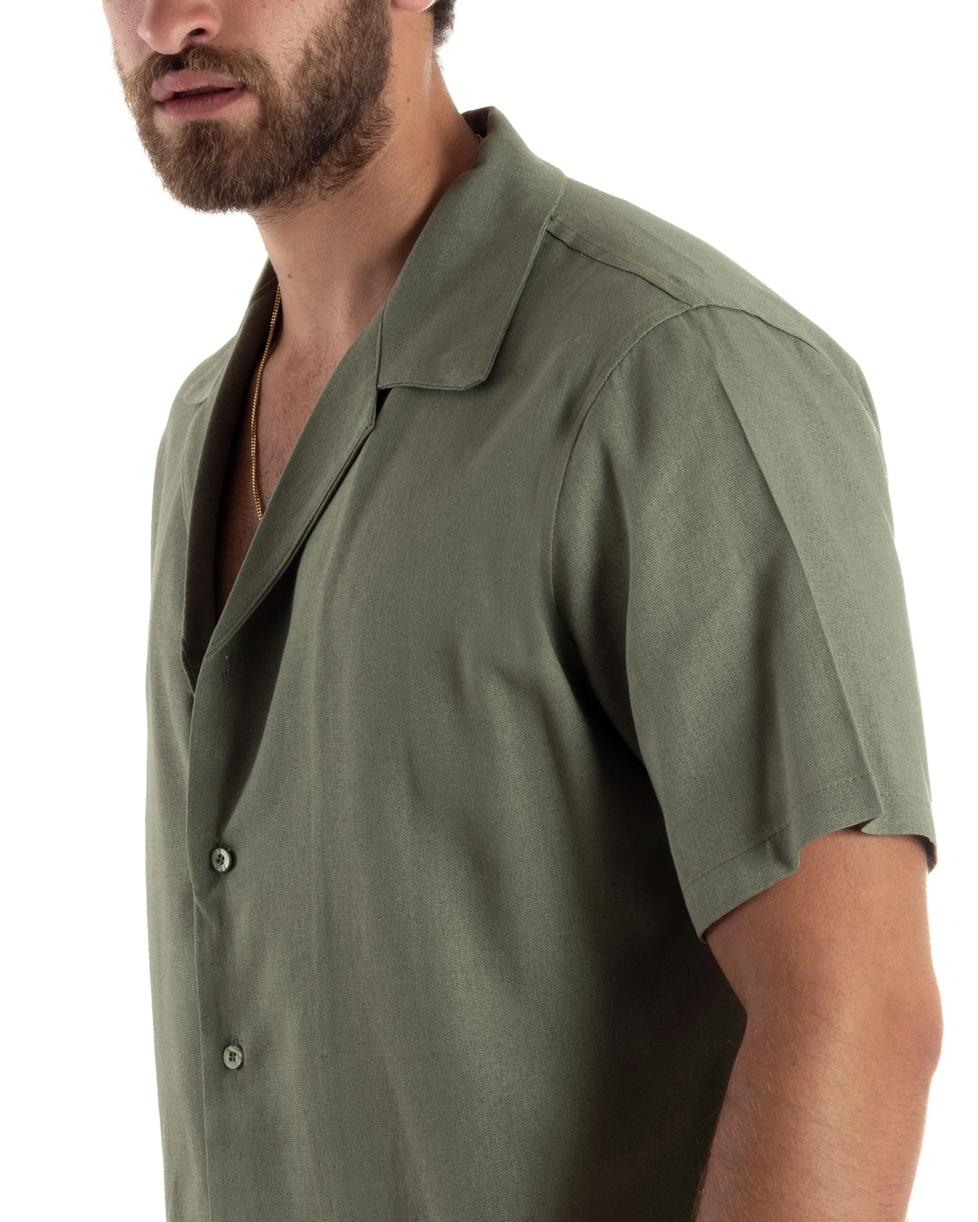 Camicia Uomo Lino Mezze Maniche Con Bottoncini Colletto Bowling Collo Con Revers Casual Boxy Fit Tinta Unita Verde GIOSAL-CC1209