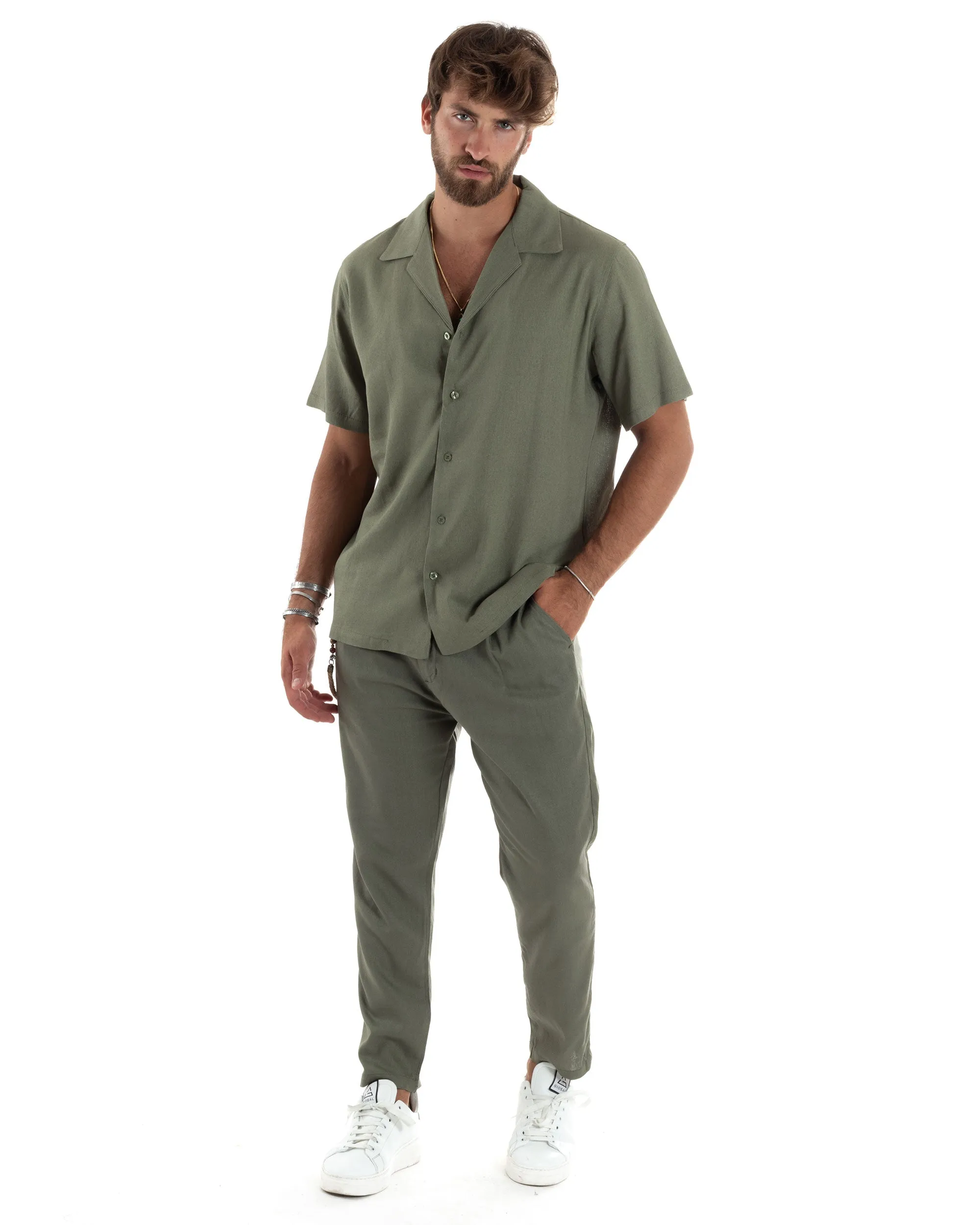 Camicia Uomo Lino Mezze Maniche Con Bottoncini Colletto Bowling Collo Con Revers Casual Boxy Fit Tinta Unita Verde GIOSAL-CC1209