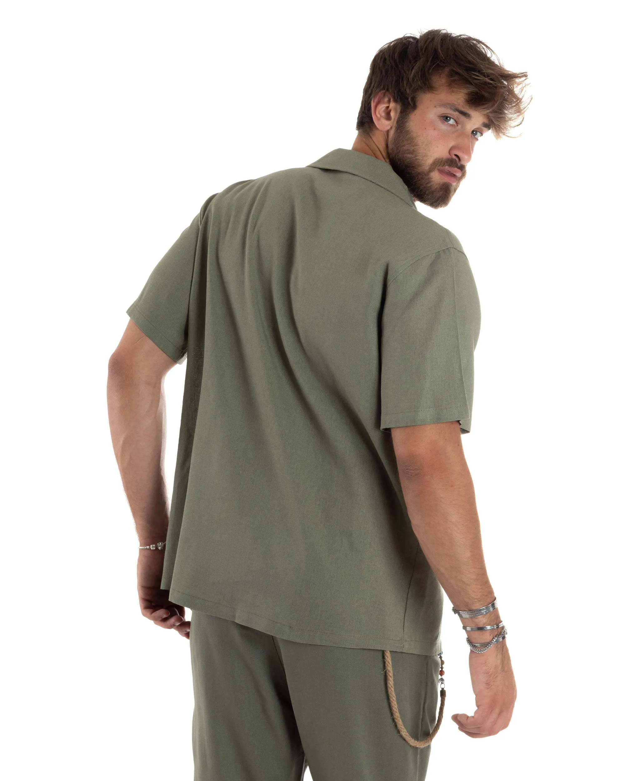 Camicia Uomo Lino Mezze Maniche Con Bottoncini Colletto Bowling Collo Con Revers Casual Boxy Fit Tinta Unita Verde GIOSAL-CC1209