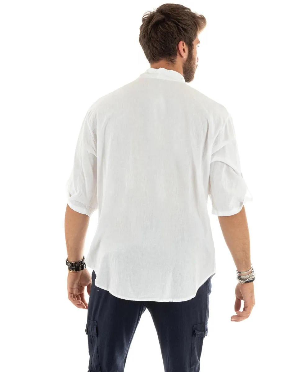 Camicia Uomo Lino Tinta Unita Casacca Manica 3/4 Scollo a V con Lacci Bianco Casual GIOSAL-C2743A