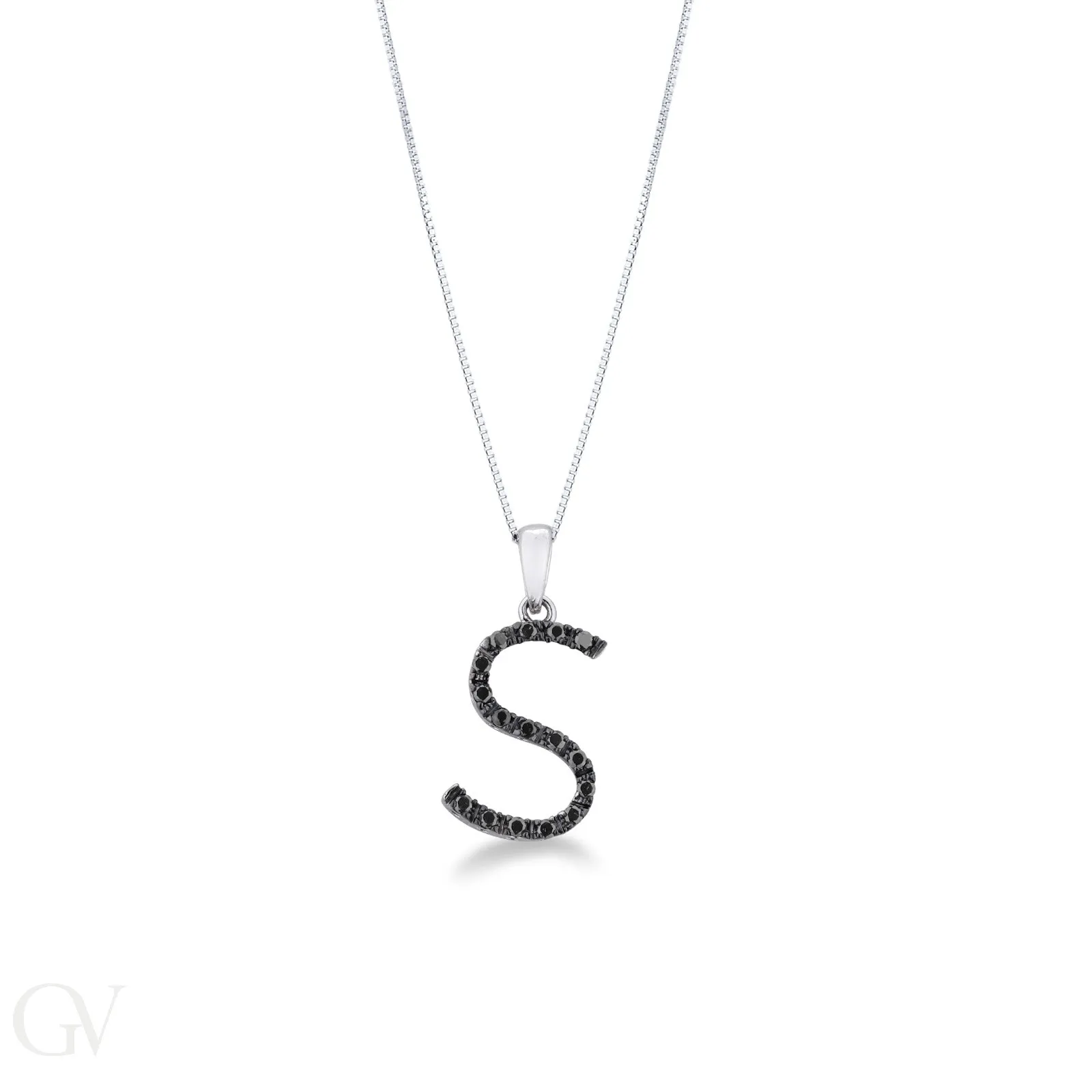 Collana lettera S in oro bianco 18k con diamanti neri