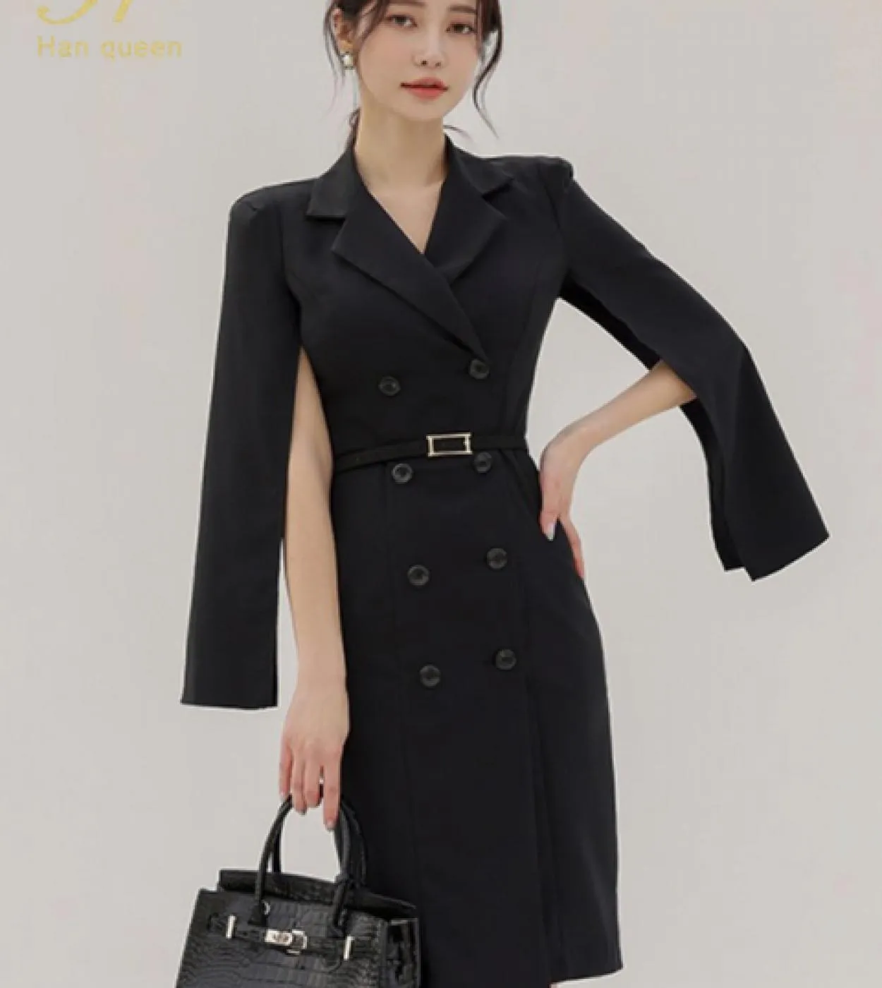 H Han Queen Primavera Estate Abiti casual New Elegant Ol Women Clothes Doppiopetto sottile manica a spalla fodero