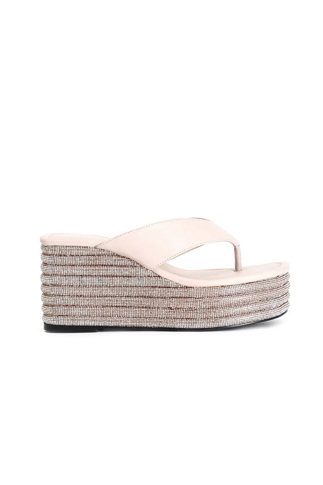 infradito in nappa con zeppa strass cipria