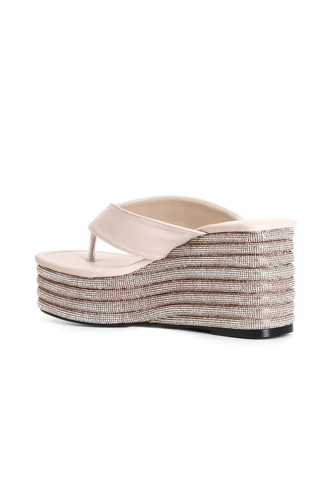 infradito in nappa con zeppa strass cipria