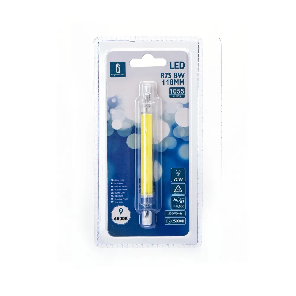 Lampadina Led R7S Lineare 118mm 9W COB in vetro Bianco freddo 6500K Aigostar