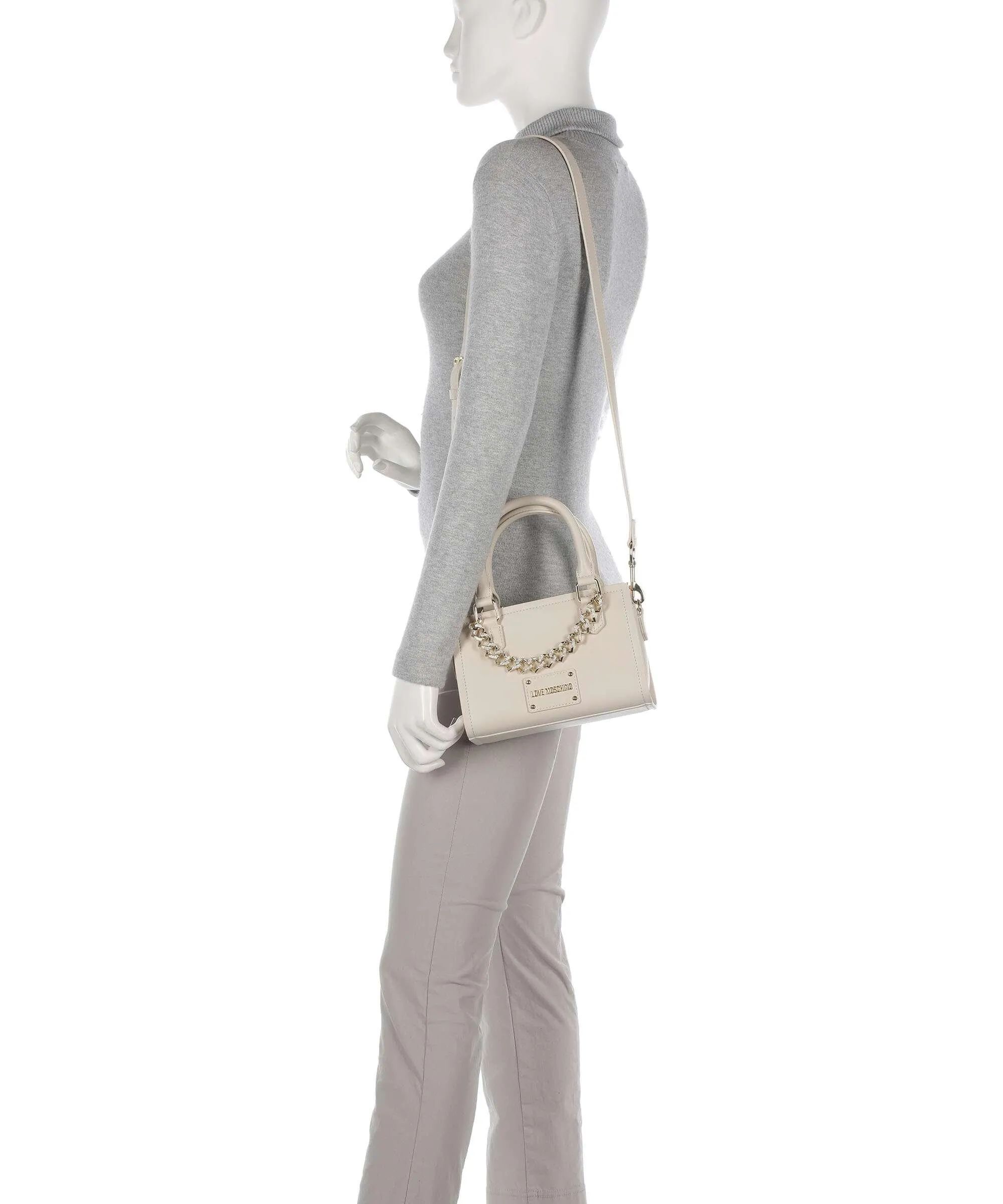  Love Moschino Strass Heart Chain Borsa a mano pelle sintetica beige  