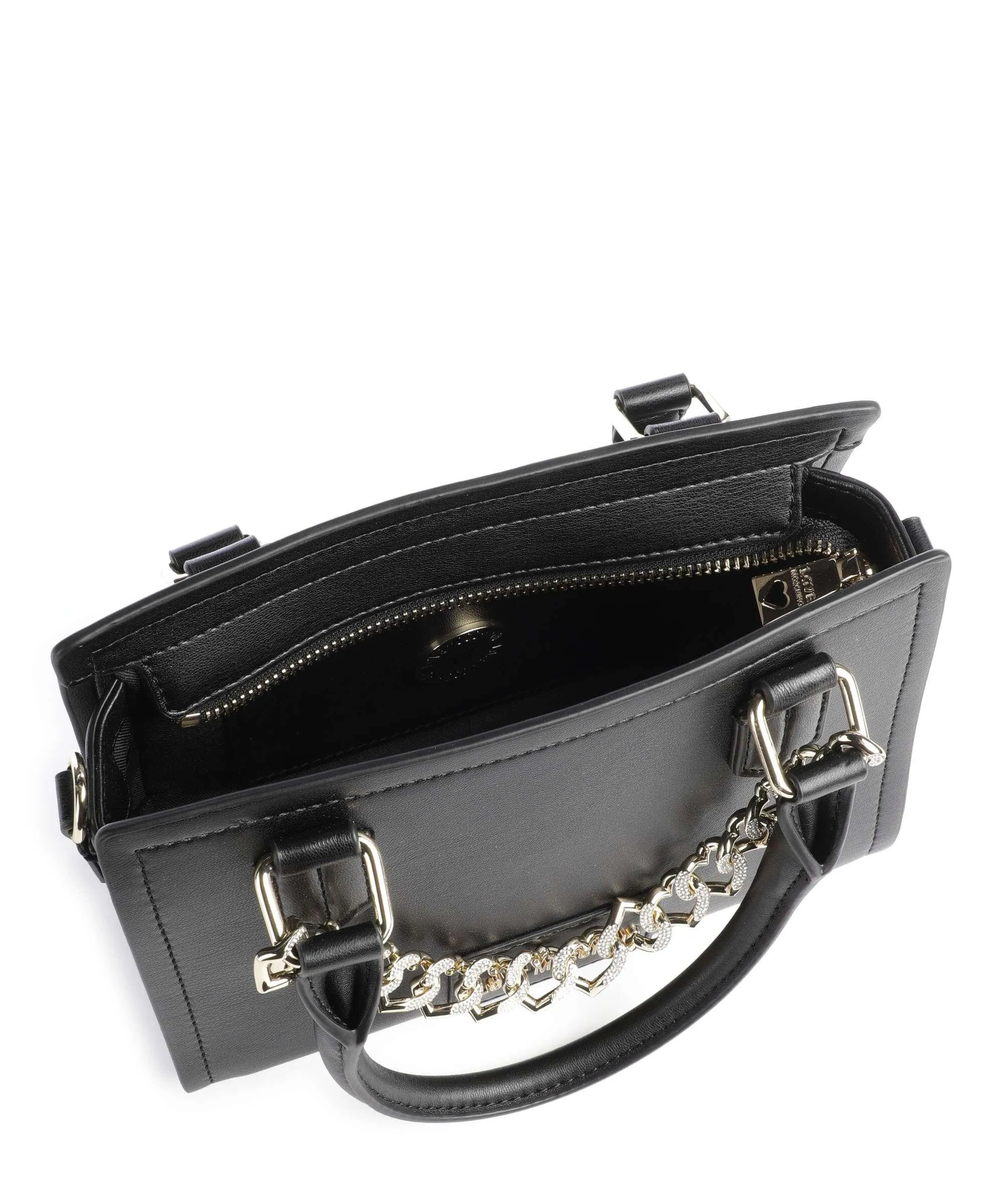  Love Moschino Strass Heart Chain Borsa a mano pelle sintetica nero  