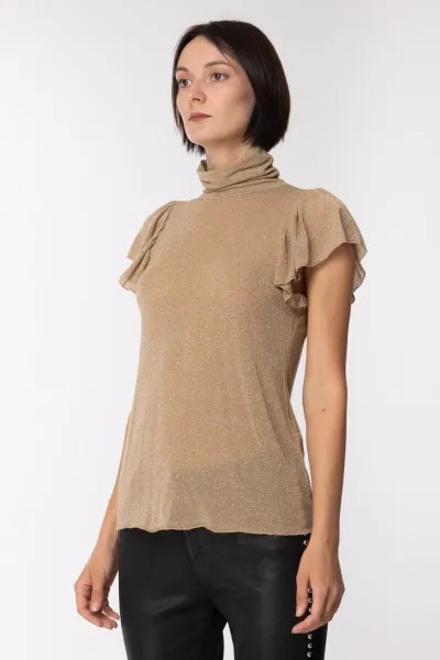 Maglia in lurex con collo alto Cammello