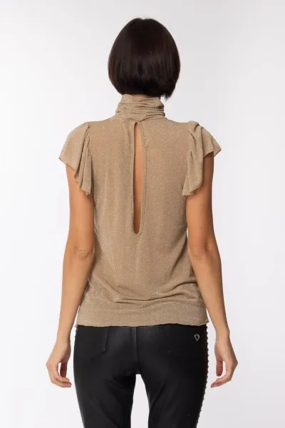 Maglia in lurex con collo alto Cammello