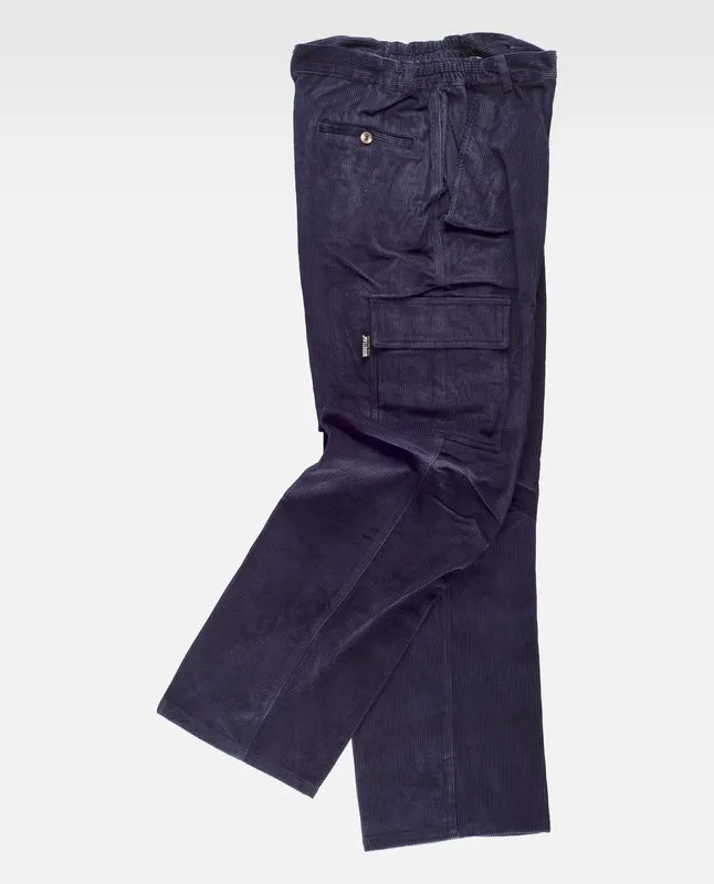 Pantaloni in velluto a coste con elastico in vita e multitasche blu scuro
