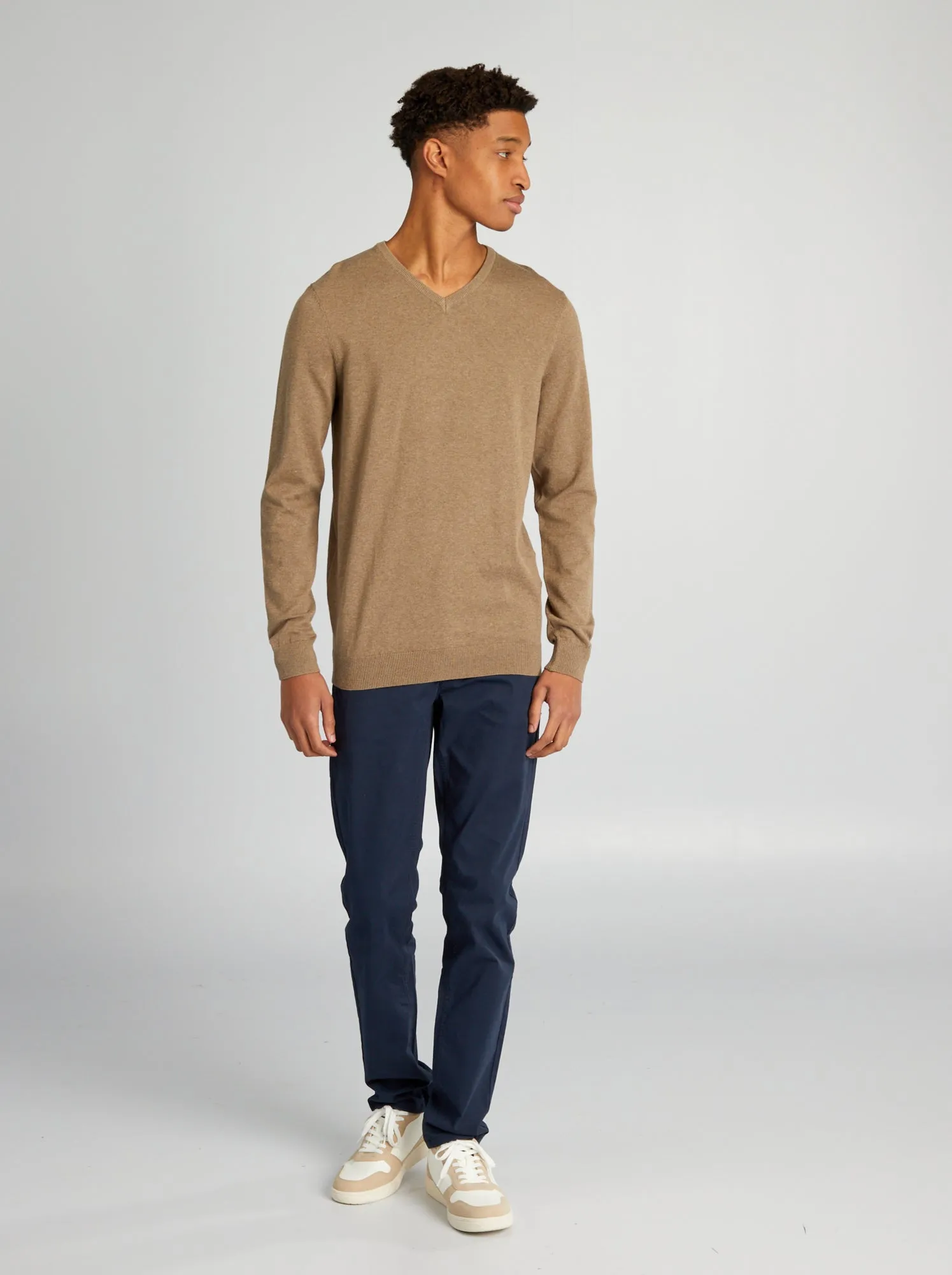 Pullover in maglia con scollo a V per persone più alte di 190 cm - BEIGE