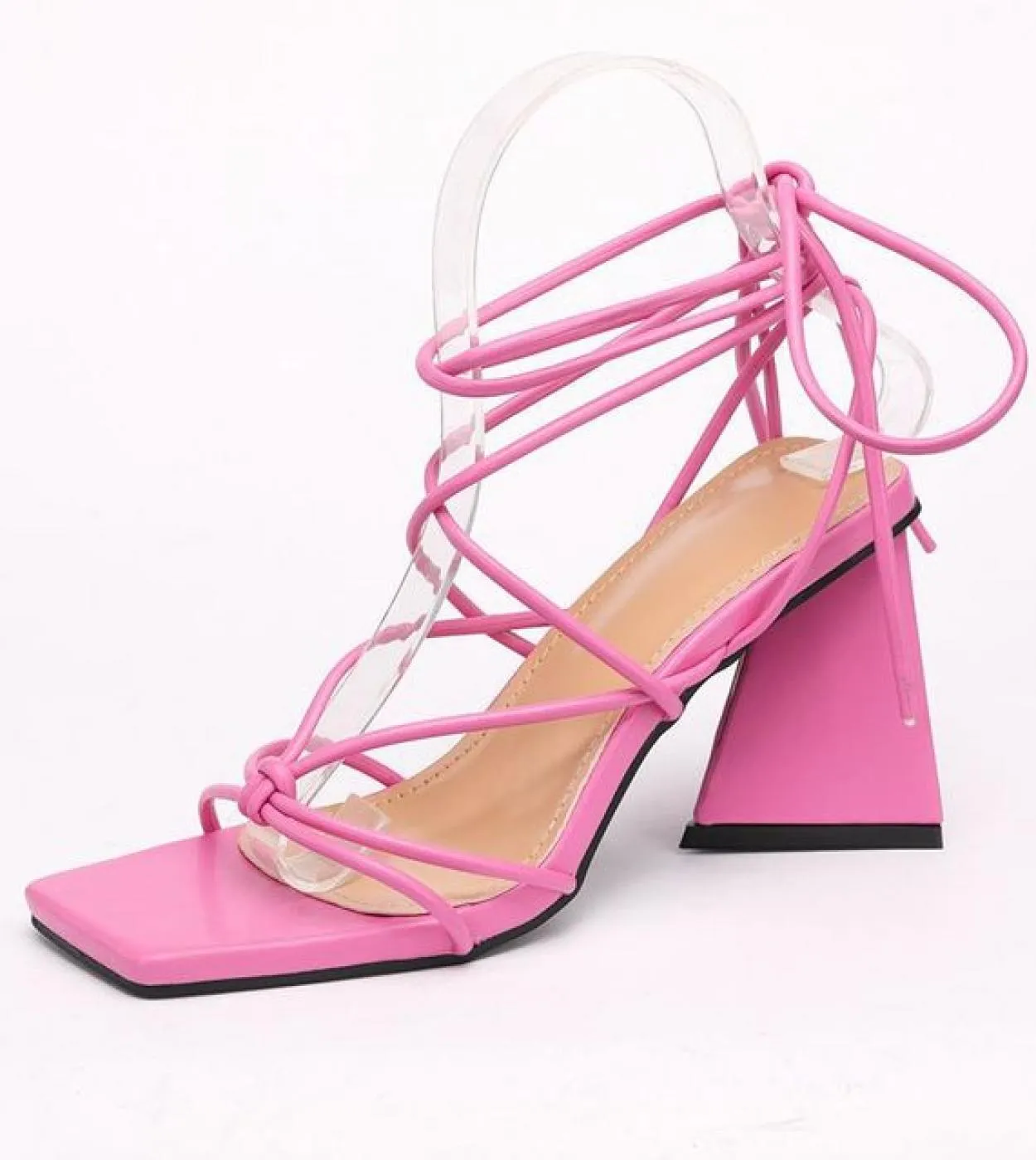 Sandali da donna con tacco a triangolo di nuovo design Sandali con cinturino alla caviglia a fascia stretta Sandali gladiatore c