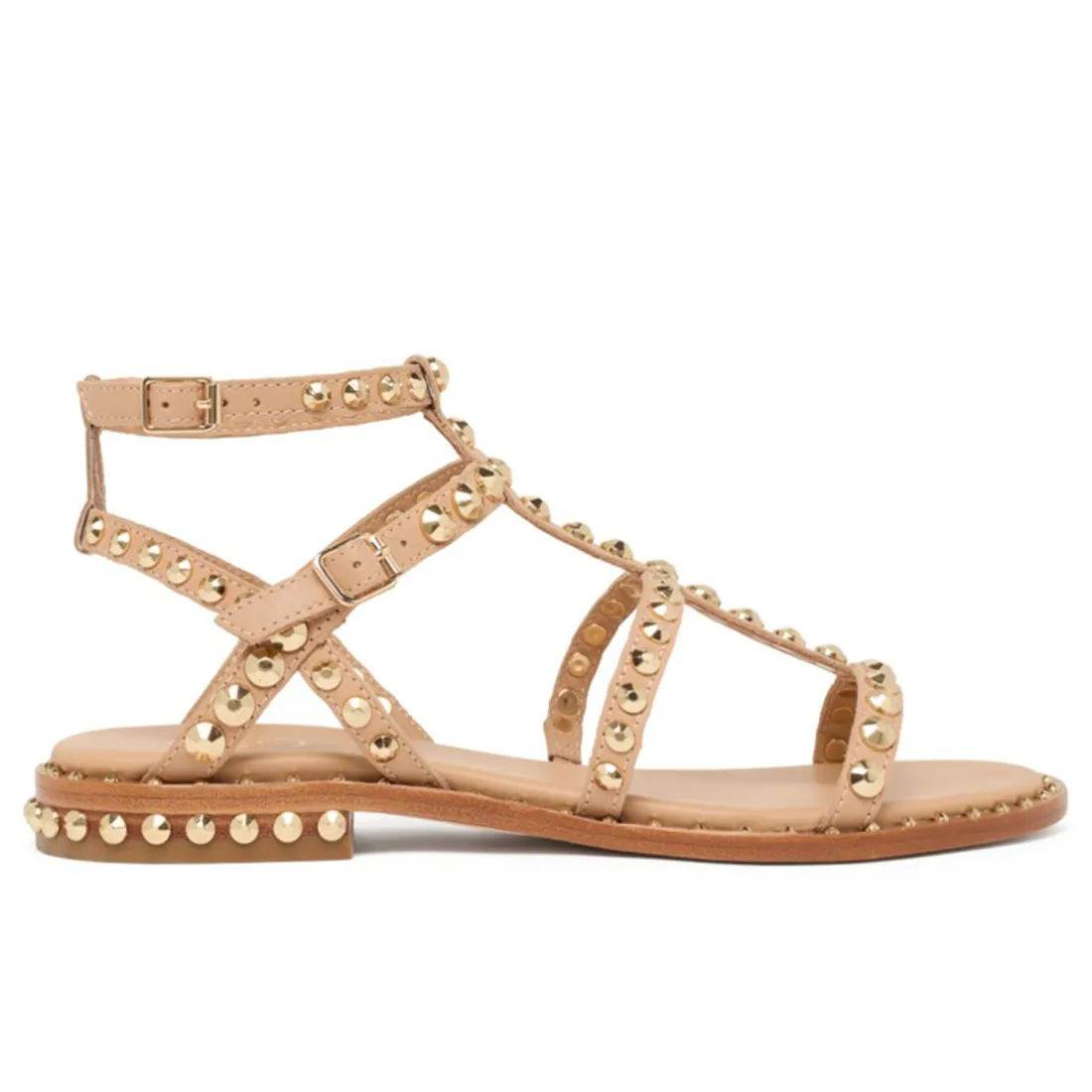 Sandali gladiatore Ash Precious beige in pelle con borchie oro