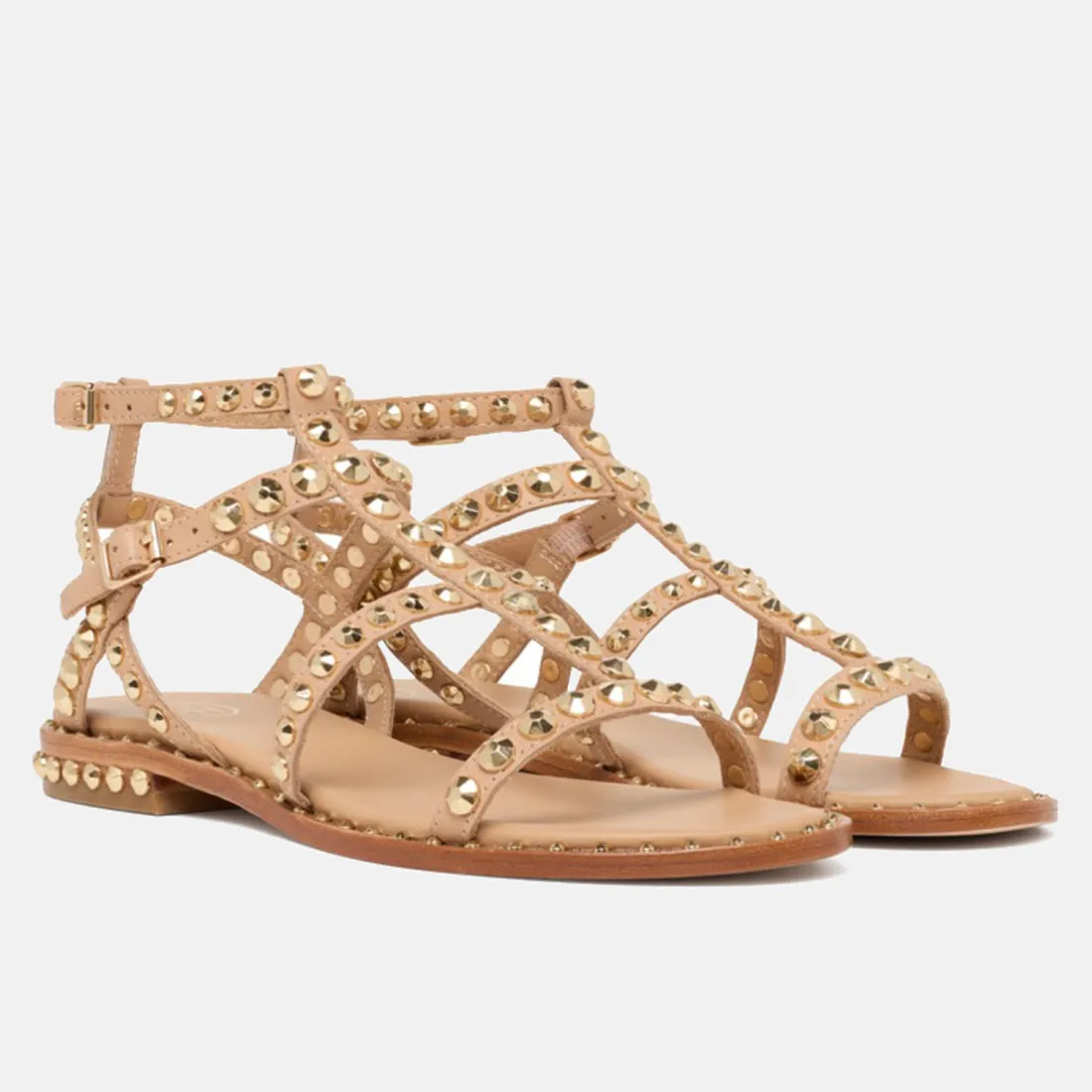 Sandali gladiatore Ash Precious beige in pelle con borchie oro