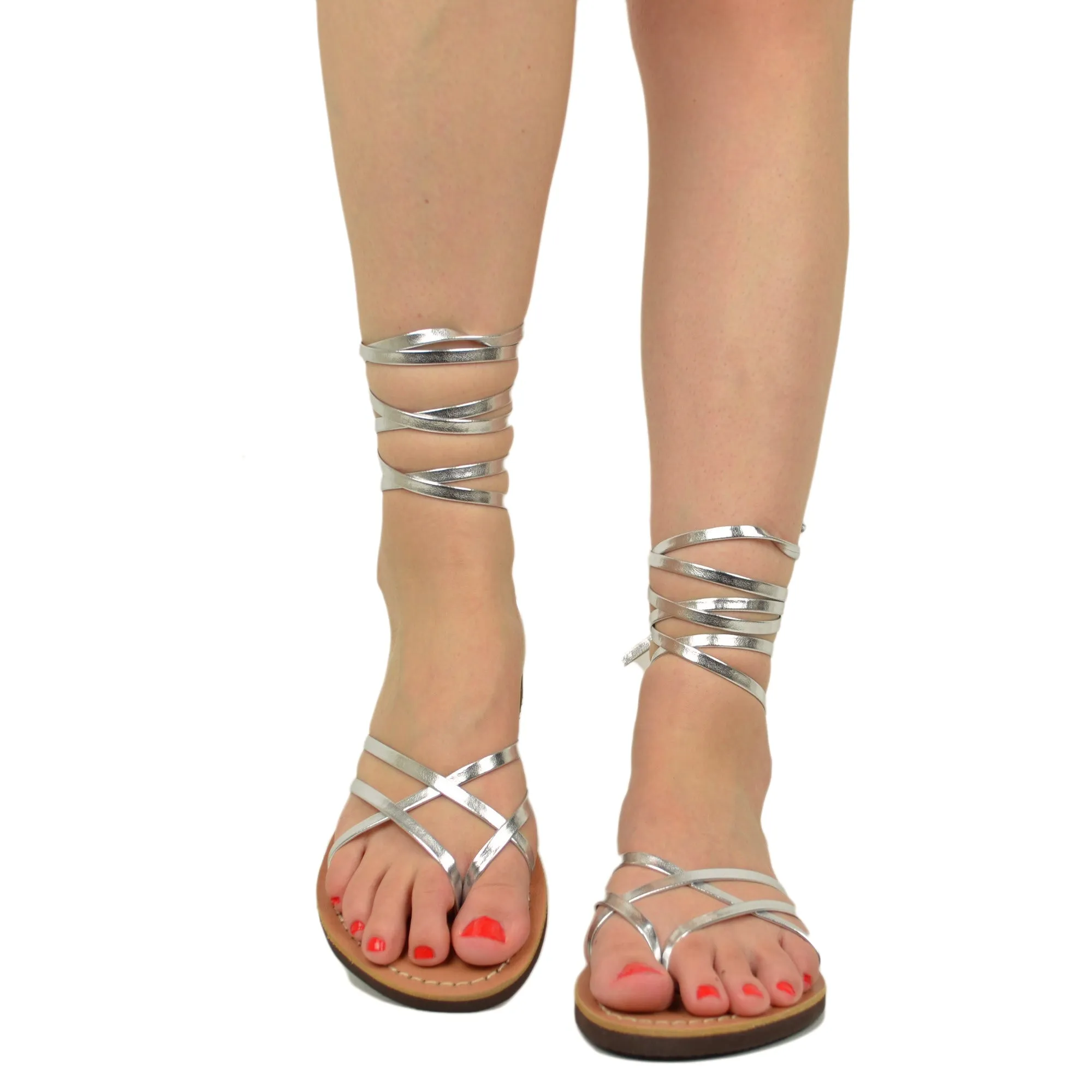 Sandali Infradito Argento alla Schiava Gladiatore Suoletta Cuoio by Kikkiline