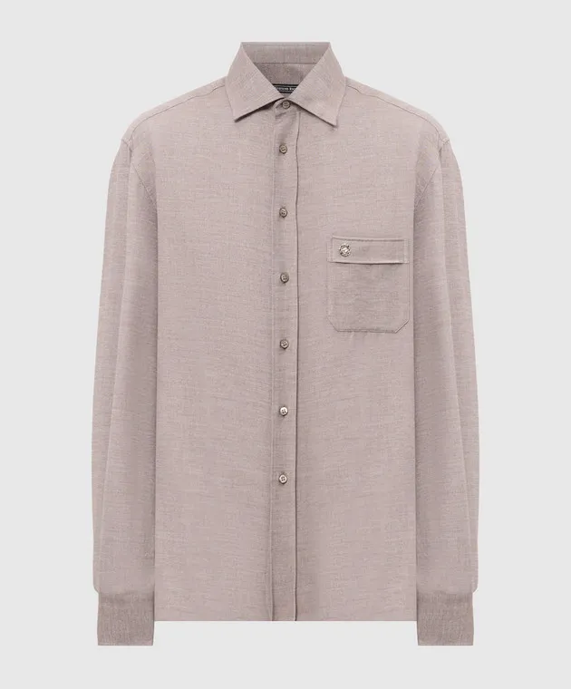 Stefano Ricci Camicia in cashmere beige con stampa testa d'aquila metallizzata MC007374R2861