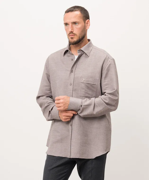 Stefano Ricci Camicia in cashmere beige con stampa testa d'aquila metallizzata MC007374R2861