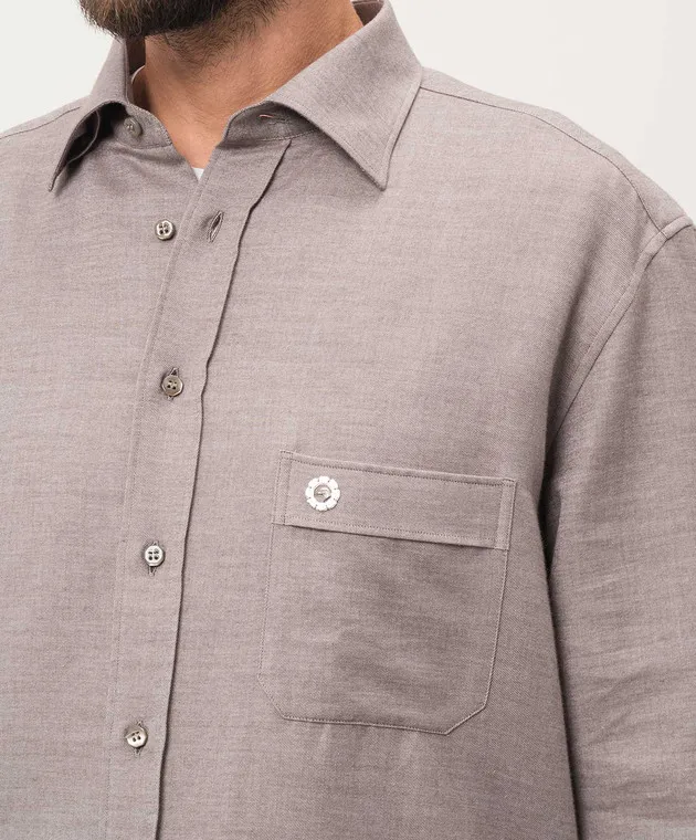 Stefano Ricci Camicia in cashmere beige con stampa testa d'aquila metallizzata MC007374R2861