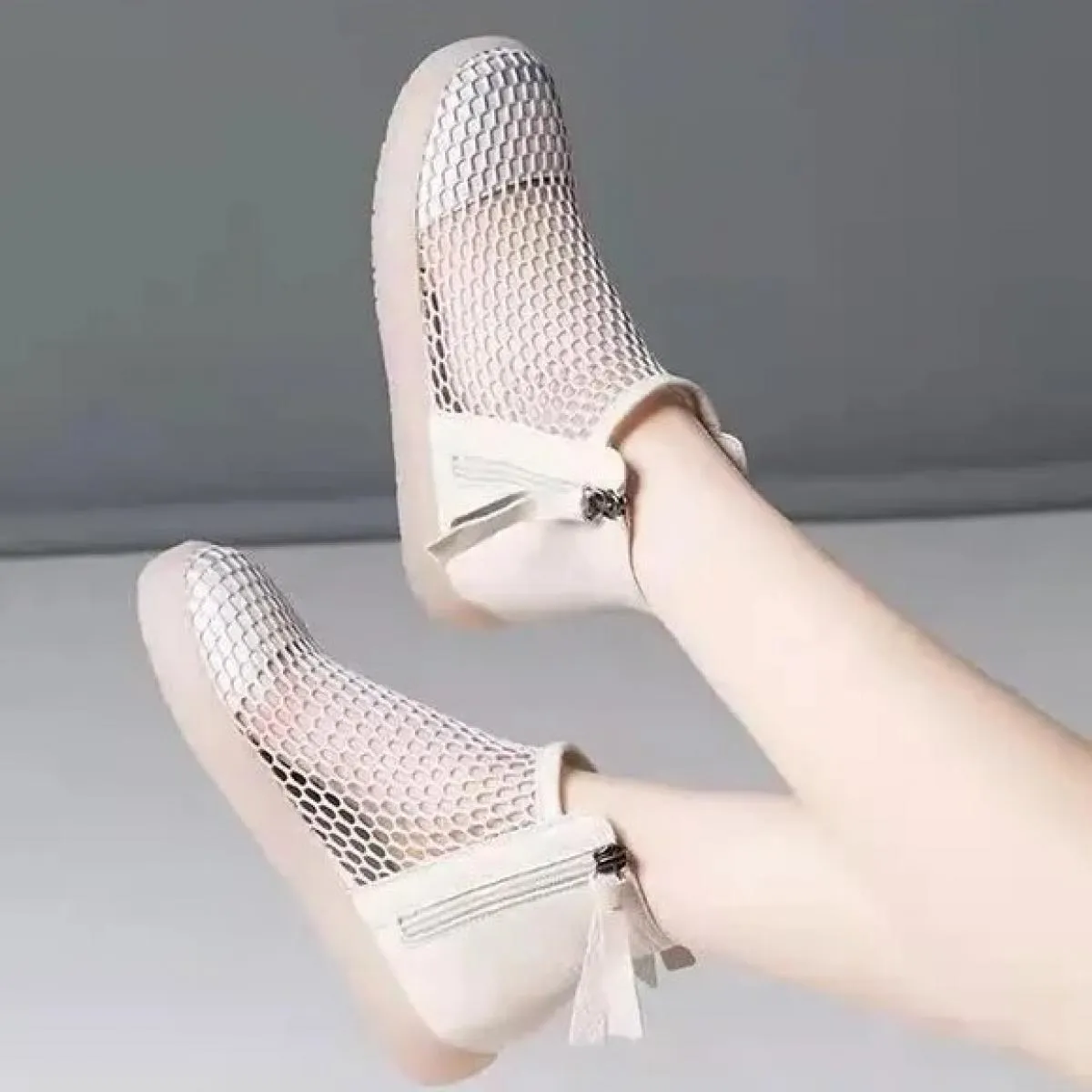Women Shoes 2024 Fashion New Mesh Breathable Leather Boots Summer With Zip Ankle Boots Zapatos Mujer Elegantes Con Tacon