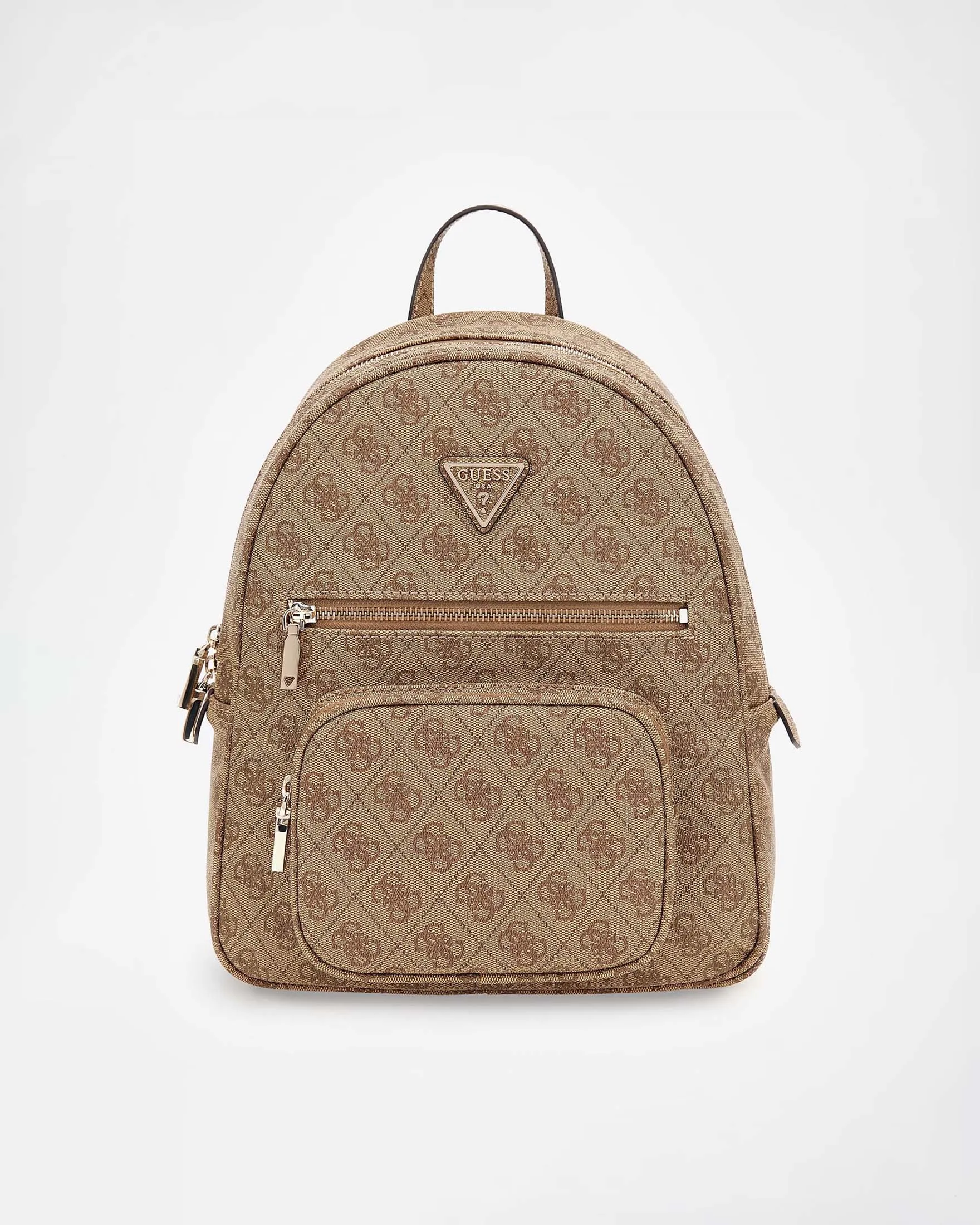 Zaino in similpelle beige a fantasia monogram cammello con tasca a parete e tasca esterna frontali