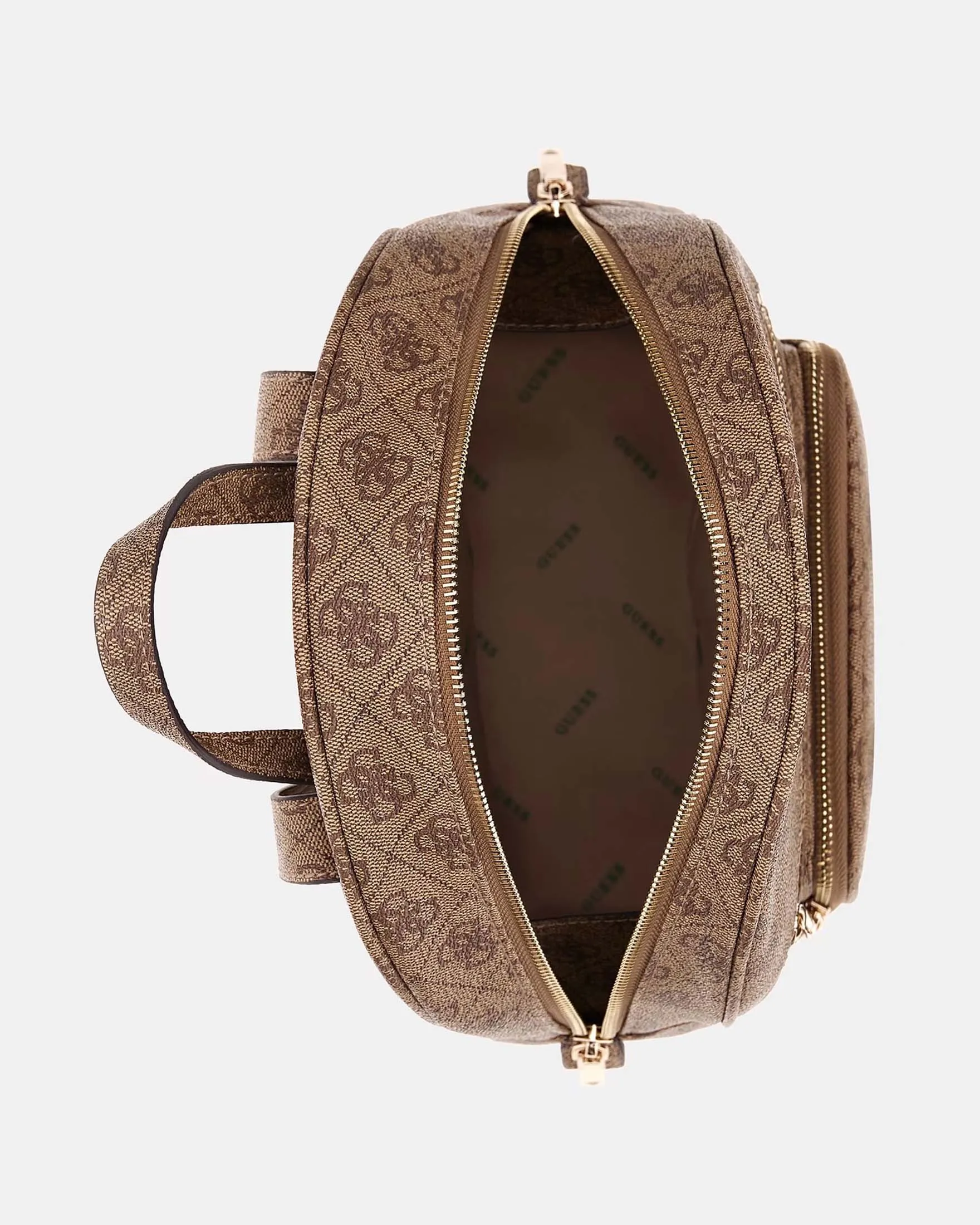 Zaino in similpelle beige a fantasia monogram cammello con tasca a parete e tasca esterna frontali
